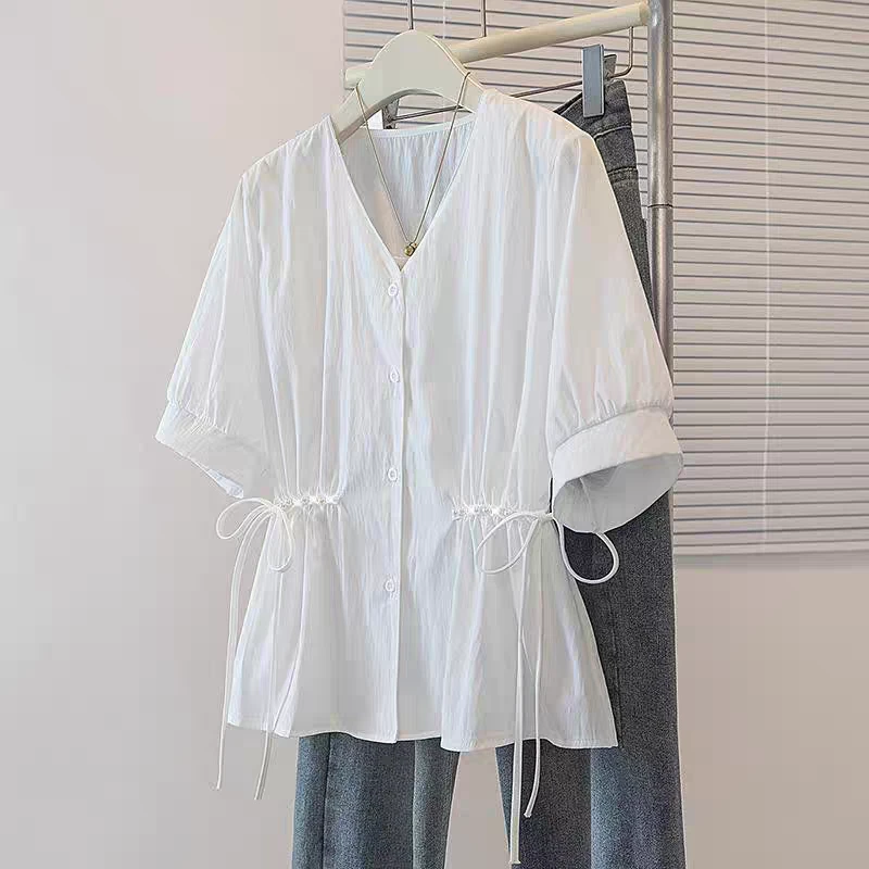 1010款V领钉珠系带收腰短袖衬衫休闲百搭