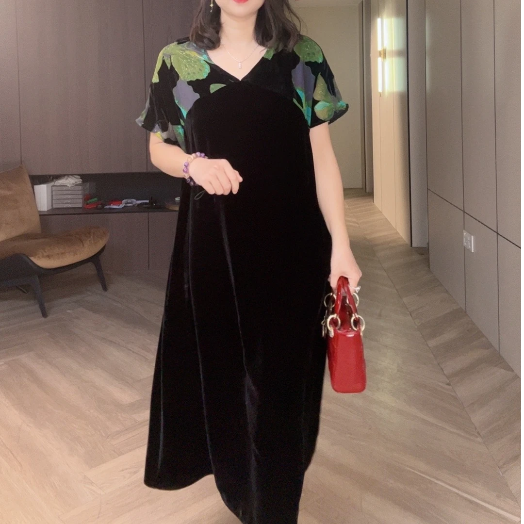 YS217肩部蝴蝶花纹真丝丝绒女士气质桑蚕丝连衣裙m117