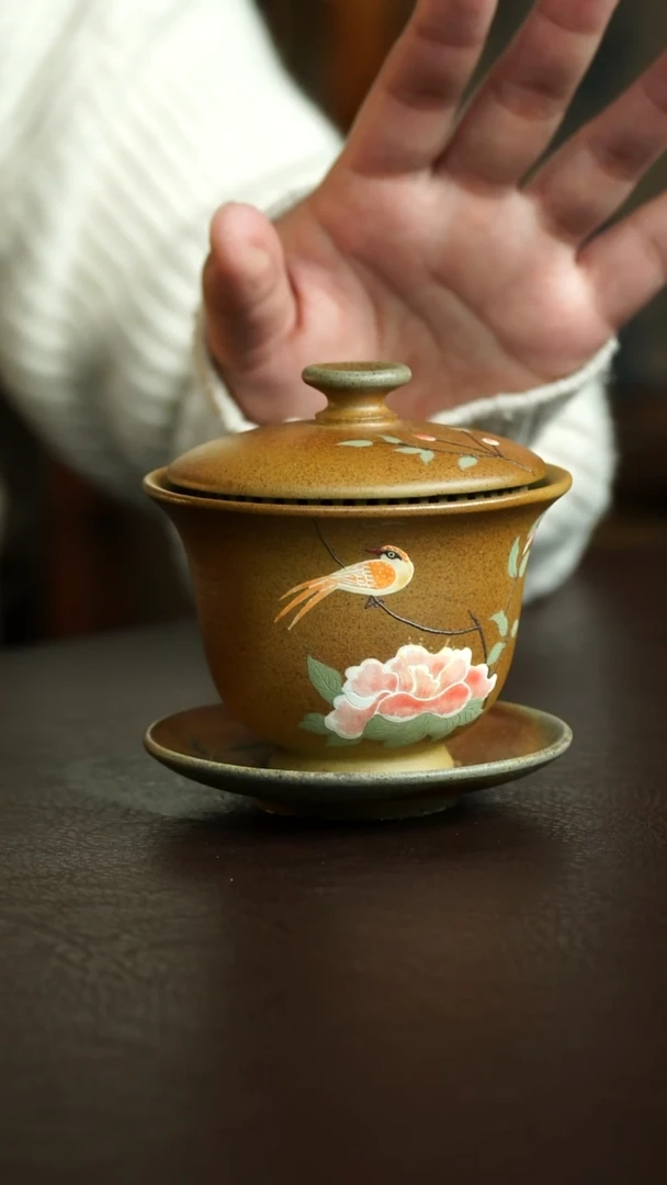 茶杯紫砂21号 新品特惠 柴烧花鸟盖碗 宜兴紫砂原矿作品