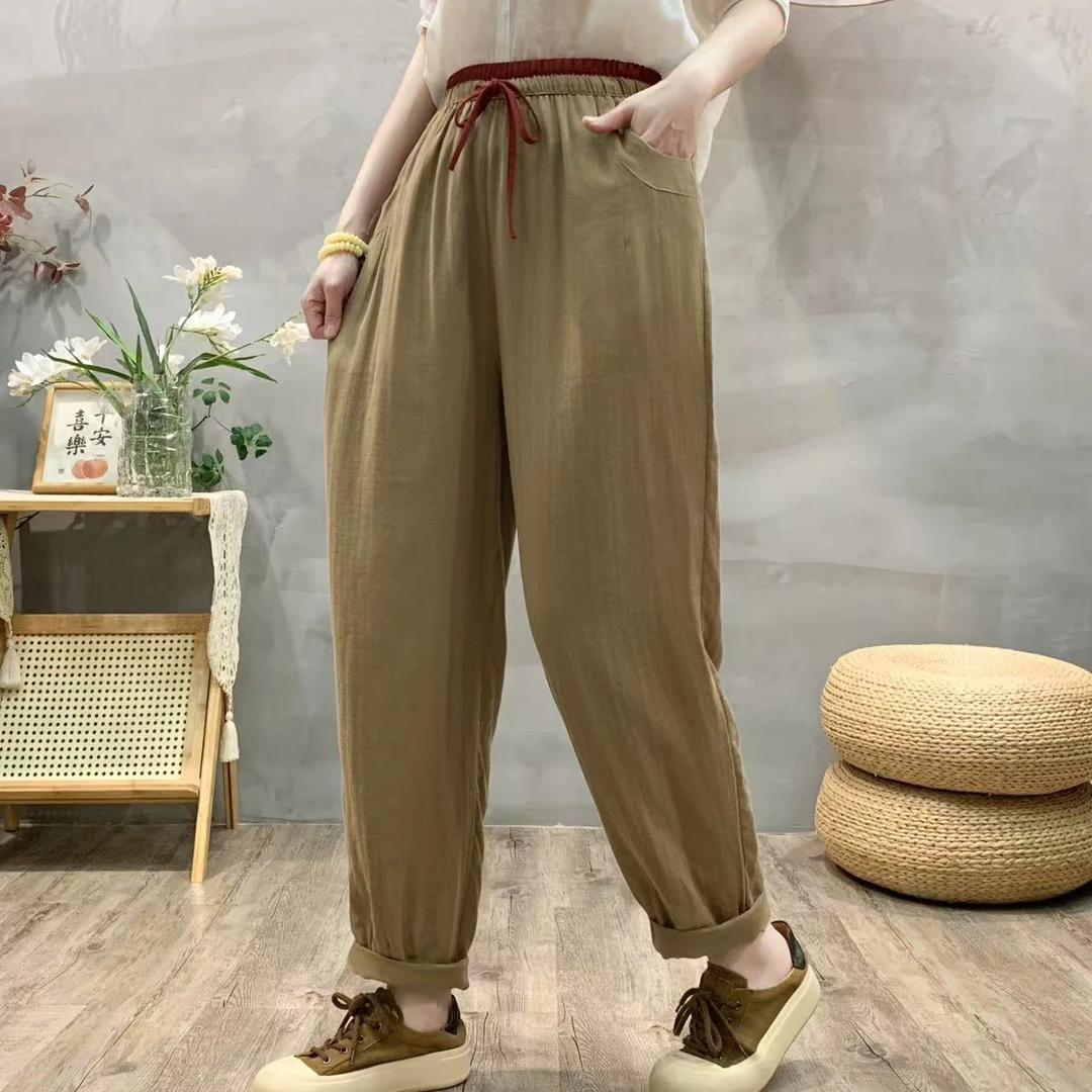 哈伦裤薄款抽绳休闲裤裤子女款松紧腰大码复古文艺夏季哈伦裤