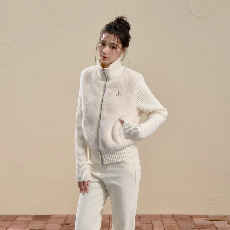 iNSLiiSA 白色秋冬立领韩系双拉链针织衫女软糯毛毛拼接开衫外套