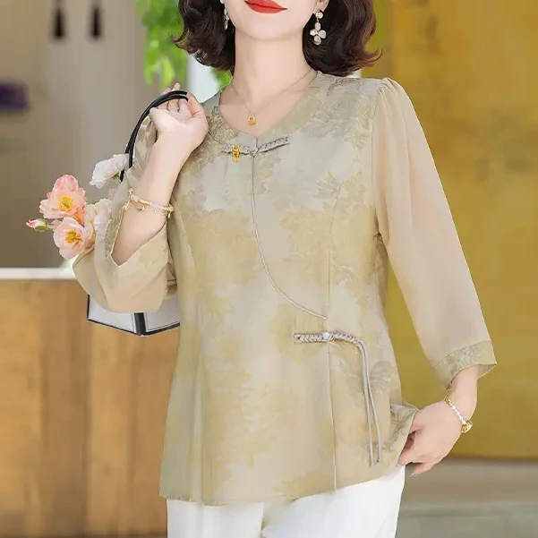 母亲节中年妈妈夏装中袖新中式T恤上衣中老年女夏季洋气小衫套装