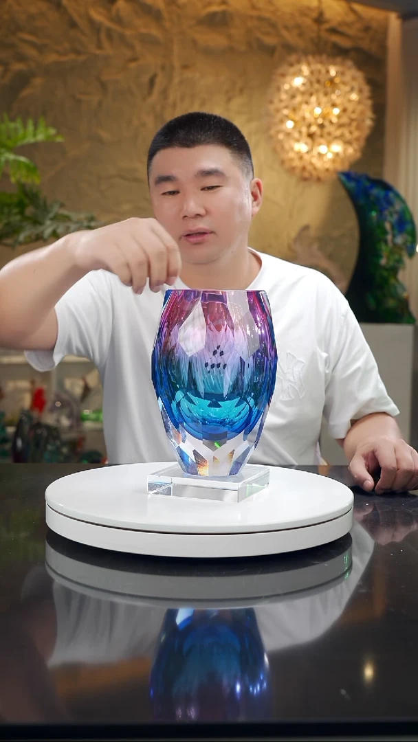 手工艺品琉璃金红蓝切面花器带底座31号