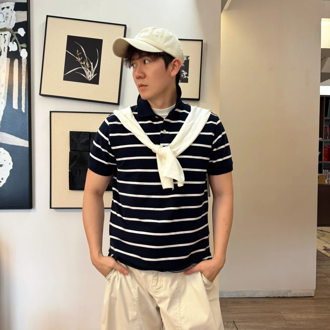 古着骑士条纹POLO衫夏季百搭潮流时尚休闲男士翻领