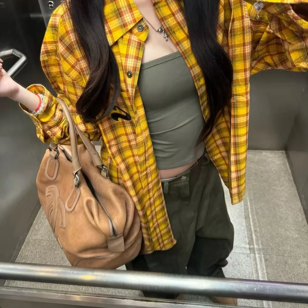 黄色高级感多巴胺格子韩版慵懒polo领衬衫女春夏新款休闲衬衣