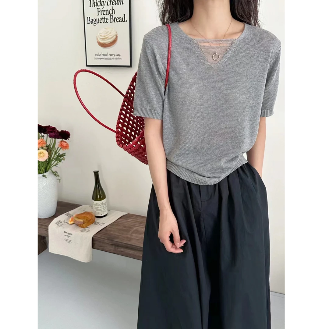 天丝亚麻 夏季流苏V领纯色减龄宽松百搭休闲针织短袖上衣1157
