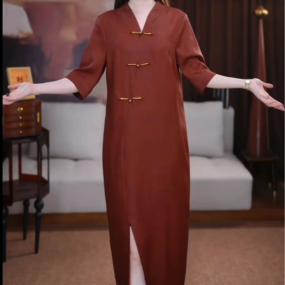 【淮川】红云纱长款百搭时尚宽松春夏清凉气质新中式国风连衣裙