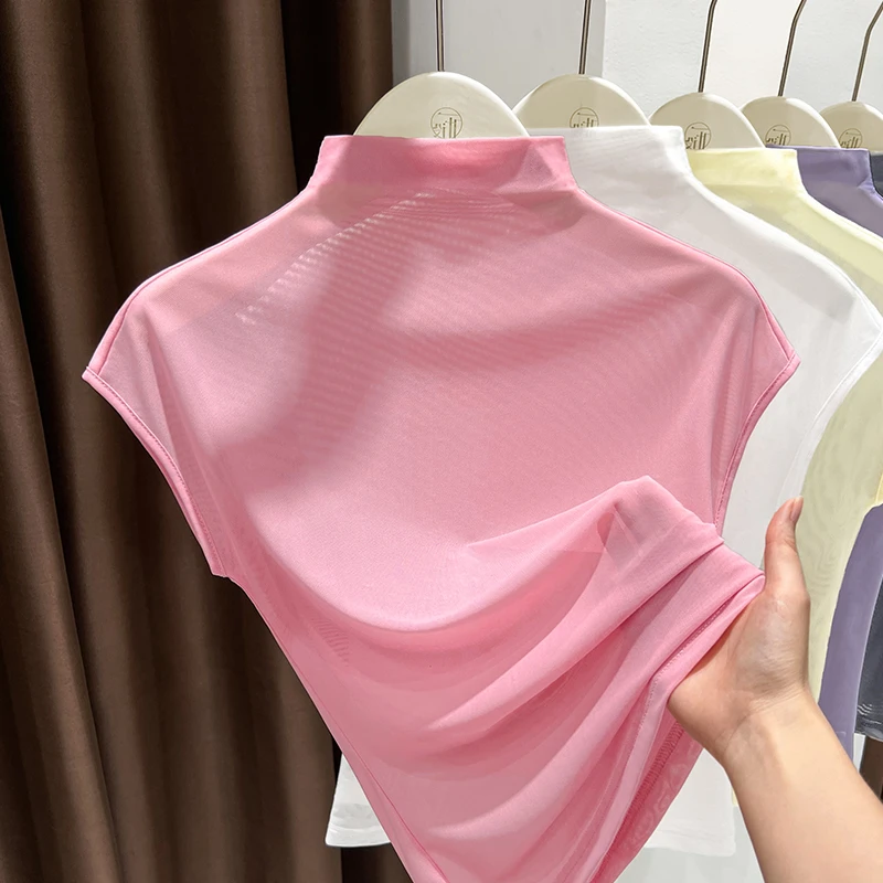 飞飞袖设计感小众粉色半高领网纱打底衫上衣女百搭2025新款薄T恤