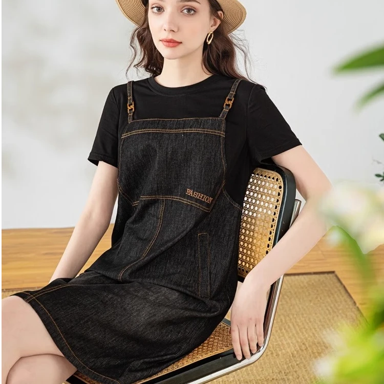 【JX2701牛仔】黑色假两件拼接牛仔连衣裙女2024夏季新款休闲A字裙