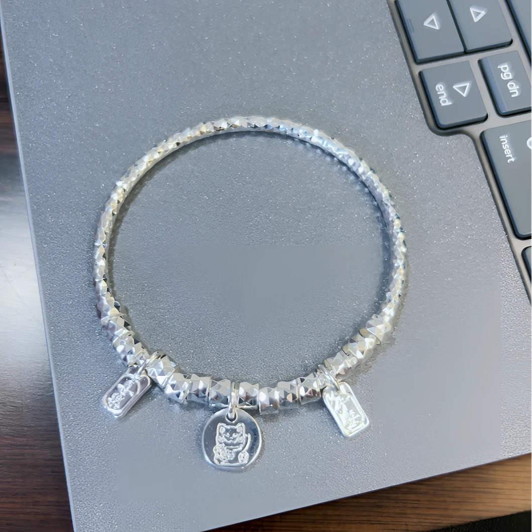 足银手镯 招财猫吉言盘缠足银999.9闭口镯实心平安喜乐