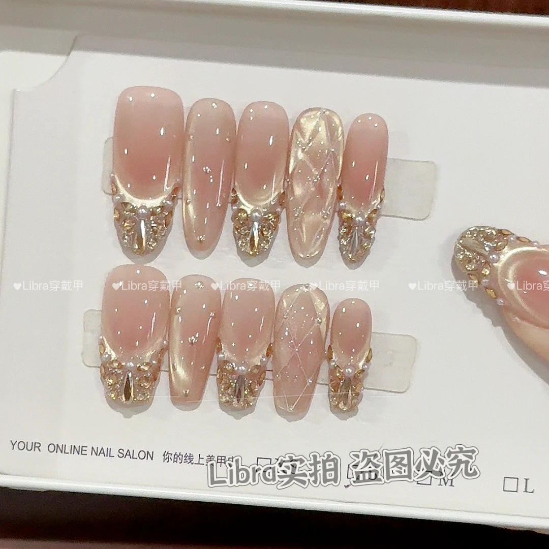 【金箔香奈】锆石钻爆闪猫眼镶钻菱形格手工穿戴甲轻奢光疗美甲