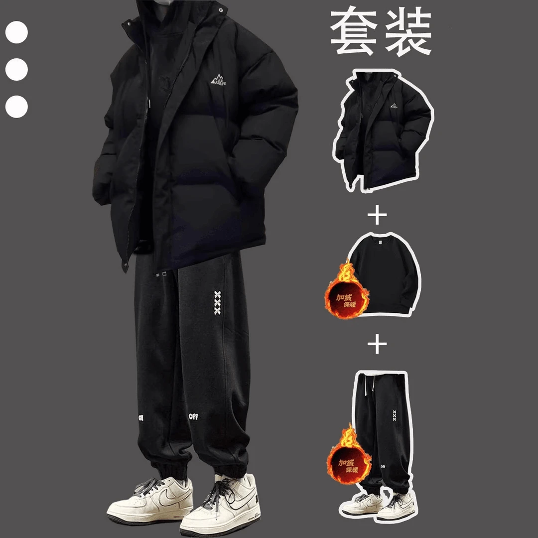 冬季棉衣外套加绒加厚一整套青少年潮搭保暖套装男生港风帅气穿搭