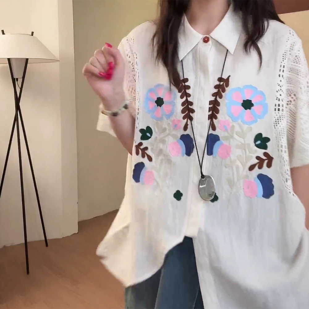 衬衫夏季重工刺绣花朵镂空拼接宽松上衣女C5771