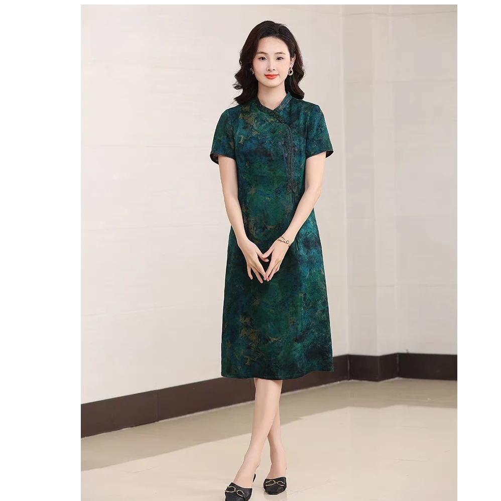 A88353香云纱真丝连衣裙提花国风新款女气质显瘦复古高端桑蚕丝