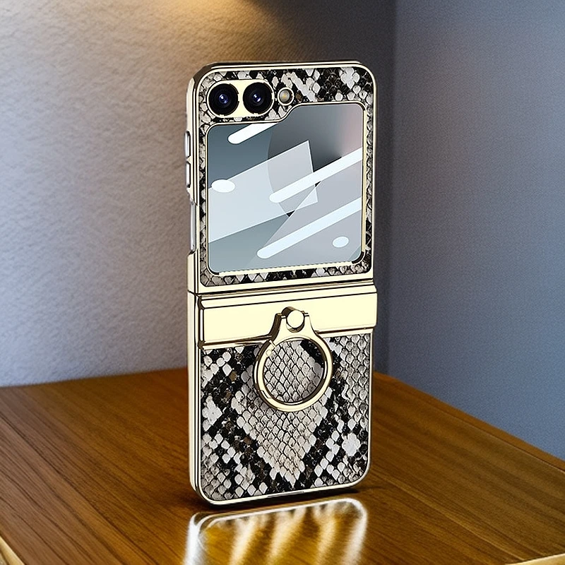 三星Flip6指环手机壳磁吸铰链中轴全包适用flip5鳄鱼纹皮套高档女