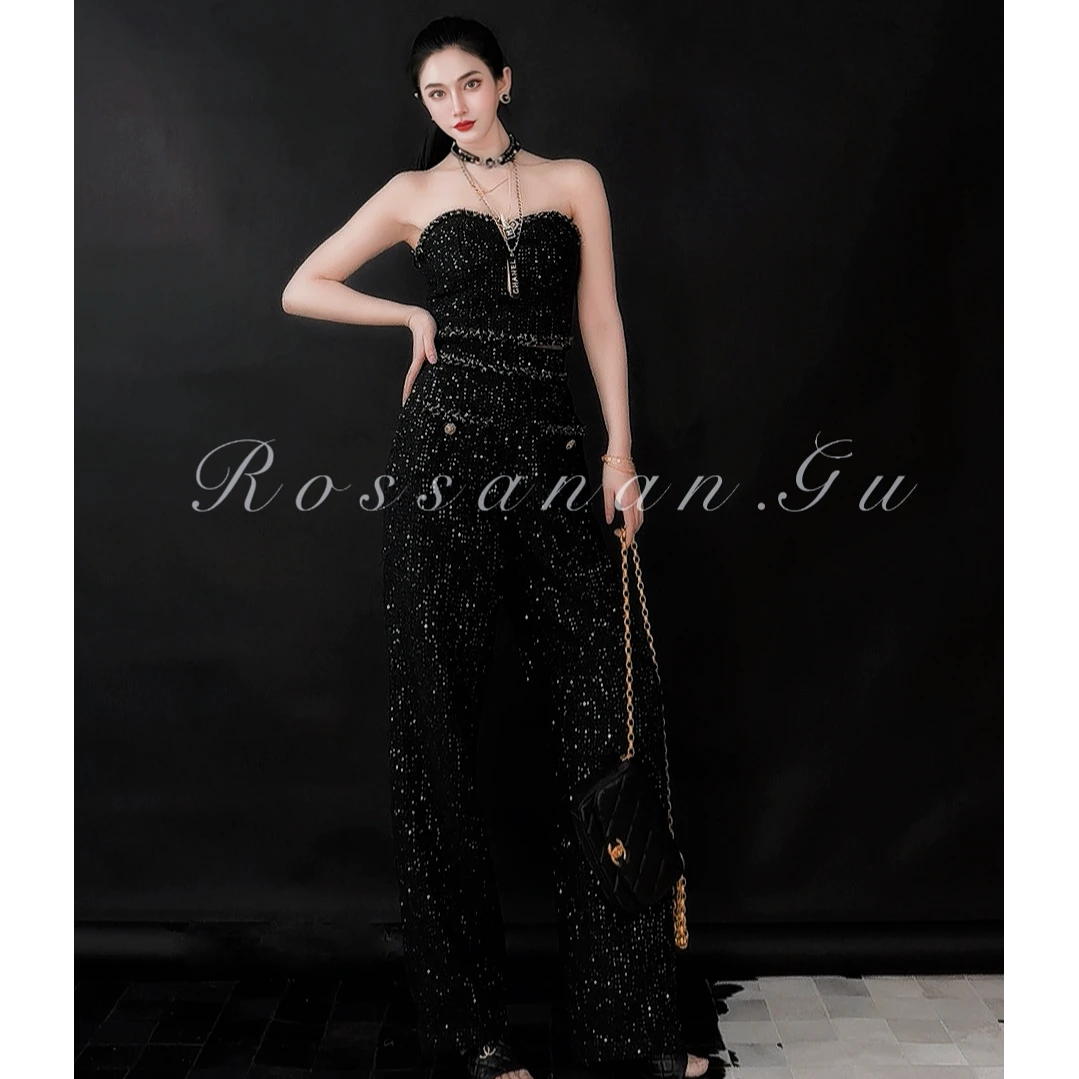 ROSAN【霜后星辰】精致美学气质显瘦小香风黑色名媛抹胸高腰长裤