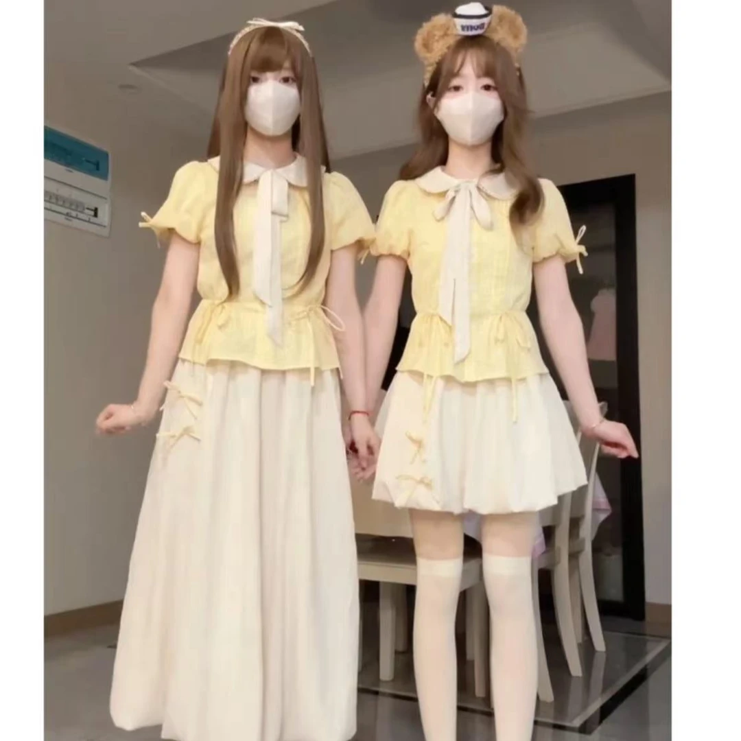 大码日式甜美风穿搭夏季蝴蝶结娃娃领上衣搭配半身裙两件套