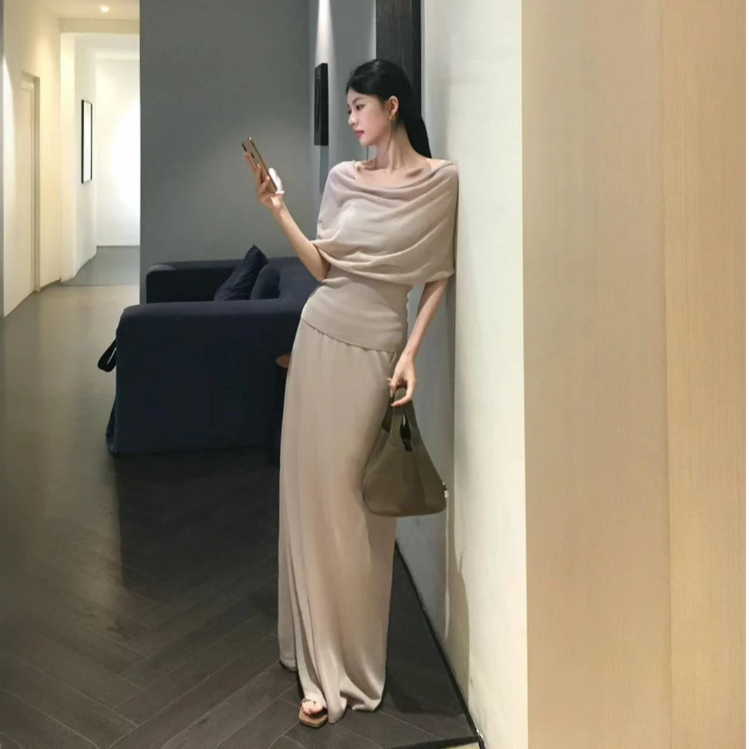 韩系松驰感穿搭套装裙女夏季纯欲荡领一字肩上衣高腰半身裙两件套