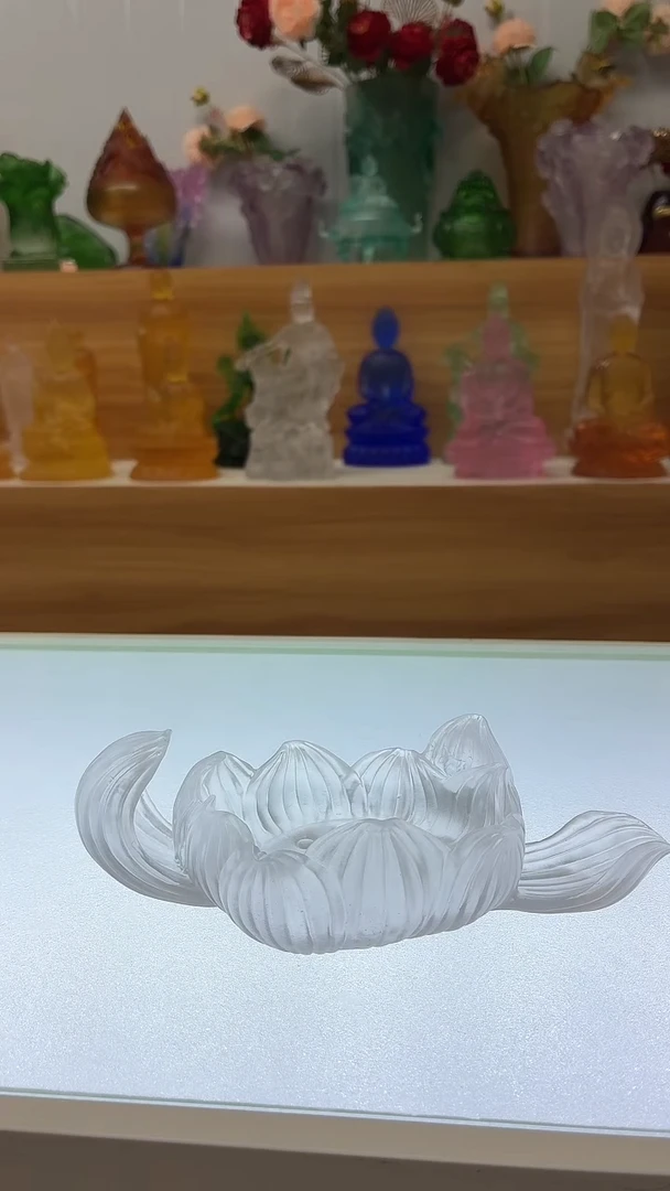 琉璃手工艺品白色花开见佛底座17公分