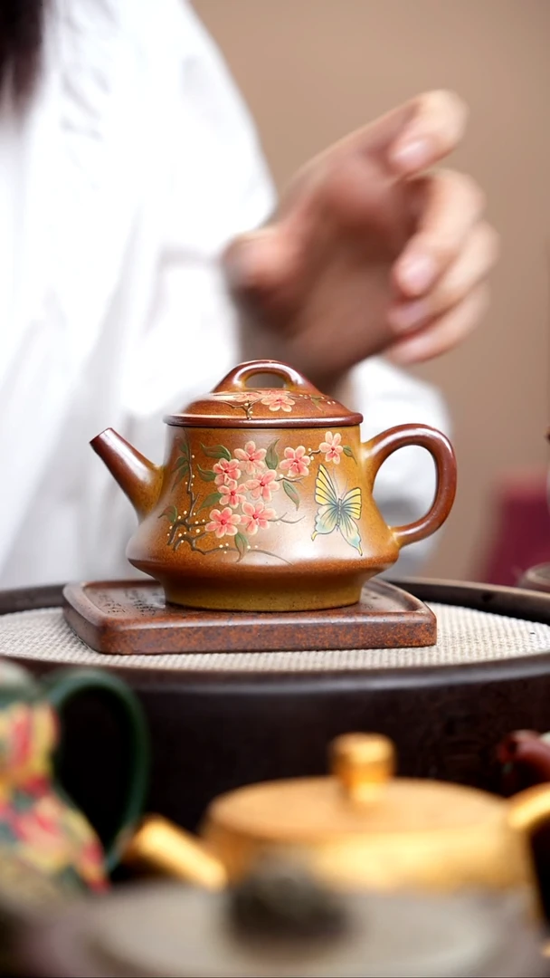 茶壶紫砂柴烧隐瓢泥绘蝶恋花+壶承