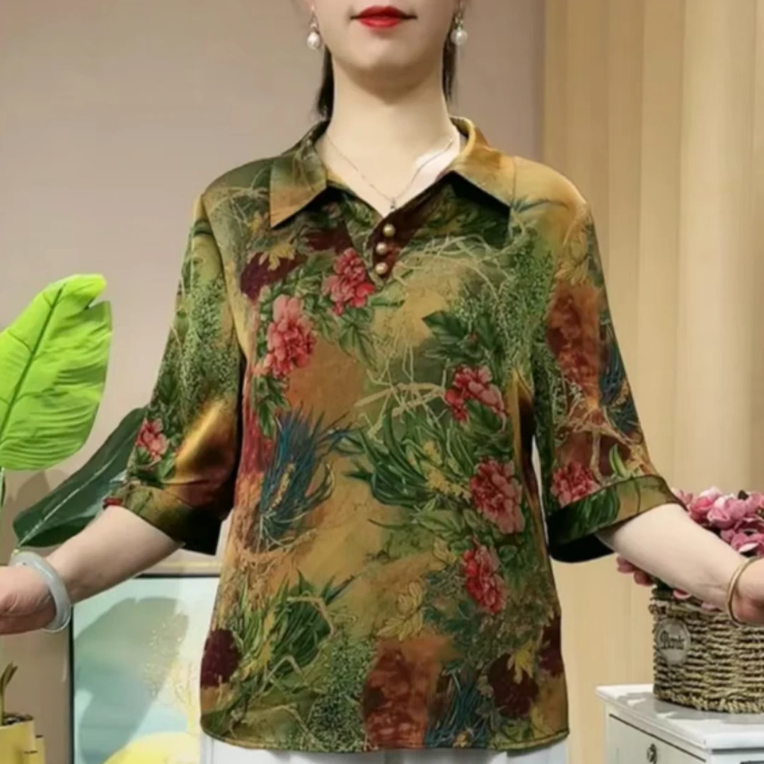 2025新款宽松显瘦女装衬衫百搭减龄气质中老年妈妈七分袖翻领夏装