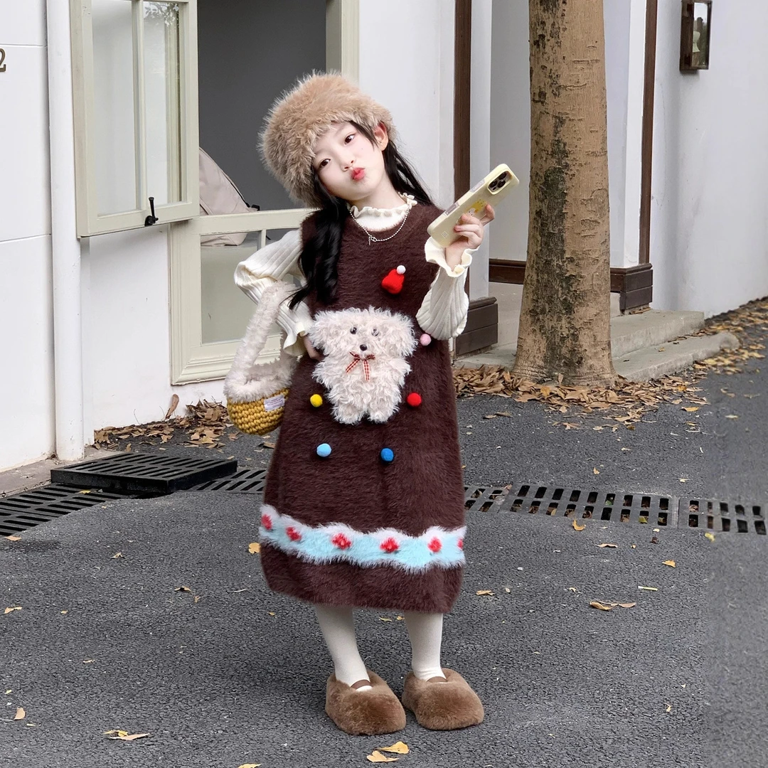 大橙子Studio女童2025冬季洋气卡通圣诞小狗毛线背心裙打底衫套装