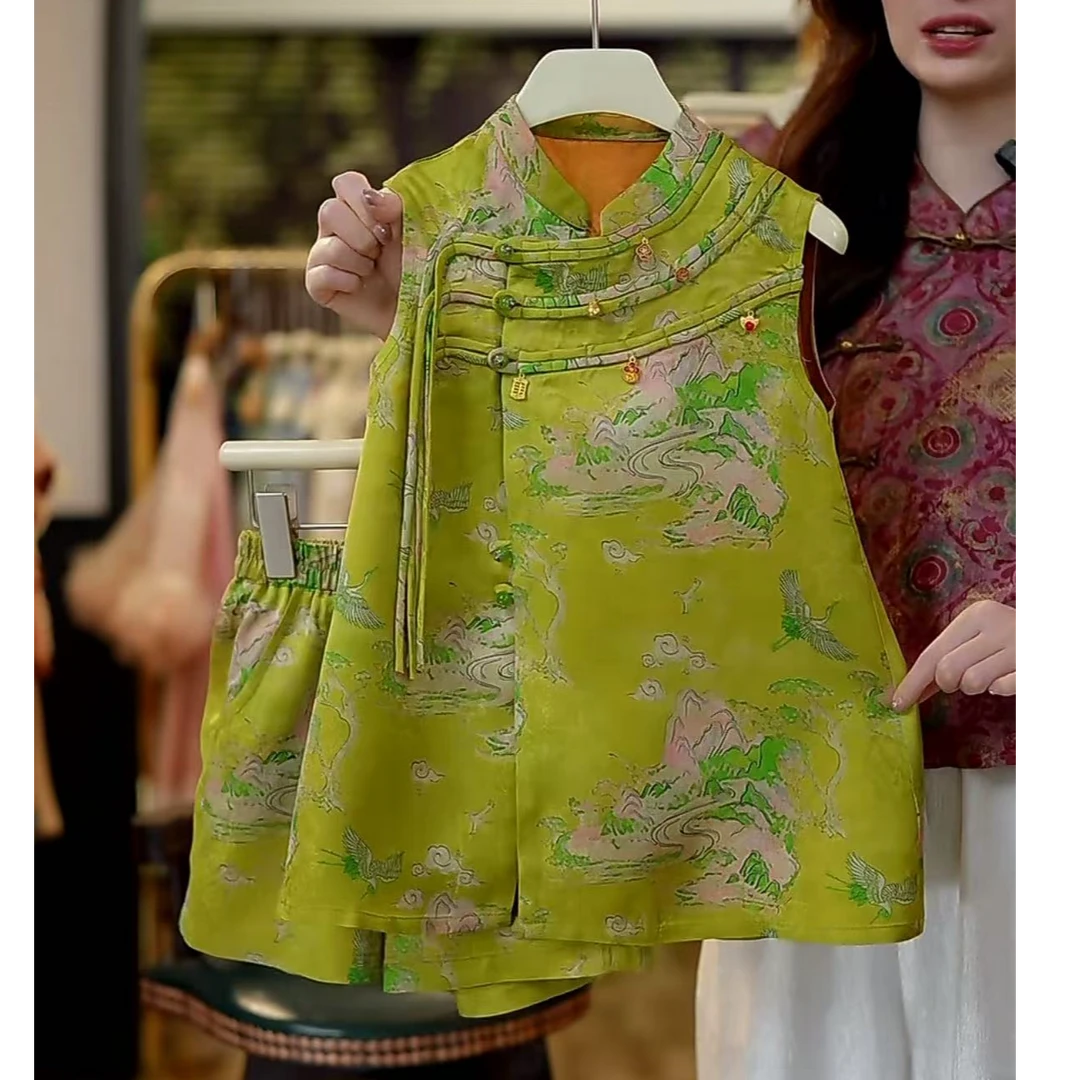 【琨萱】“青山有思” 100%木薯丝女童新款山水图中式套装 SS66T177