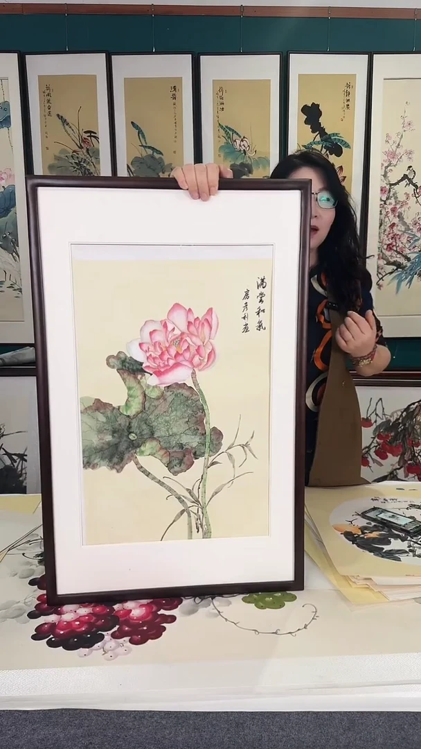 国画荷花 实木装裱 53*83