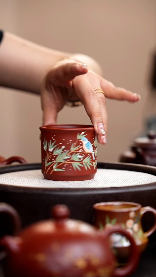 茶壶紫砂朱泥竹节杯泥绘竹鸟