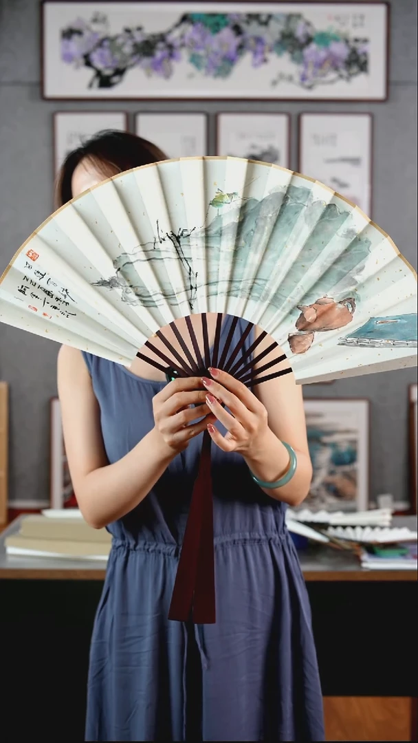 国画阿里丁《百财》手绘扇子/十寸