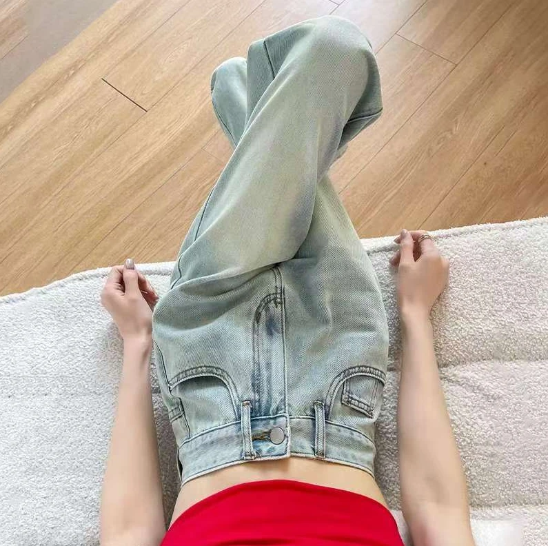 刺绣2025春季新款宽松显瘦窄版直筒阔腿垂感潮高腰牛仔裤女小个子