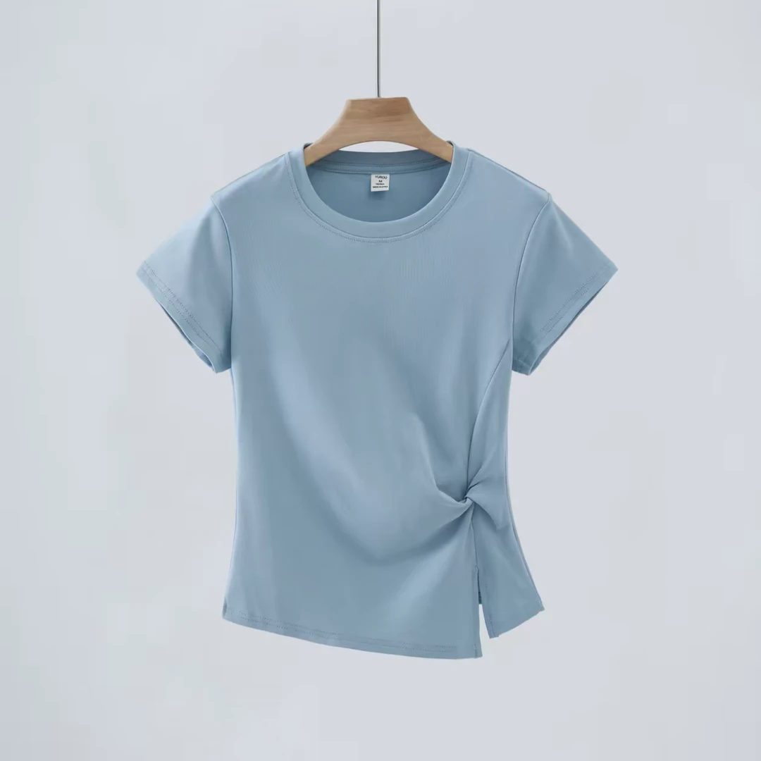 法式减龄圆领正肩短袖T恤女夏季修身显瘦设计感褶皱百搭上衣115款