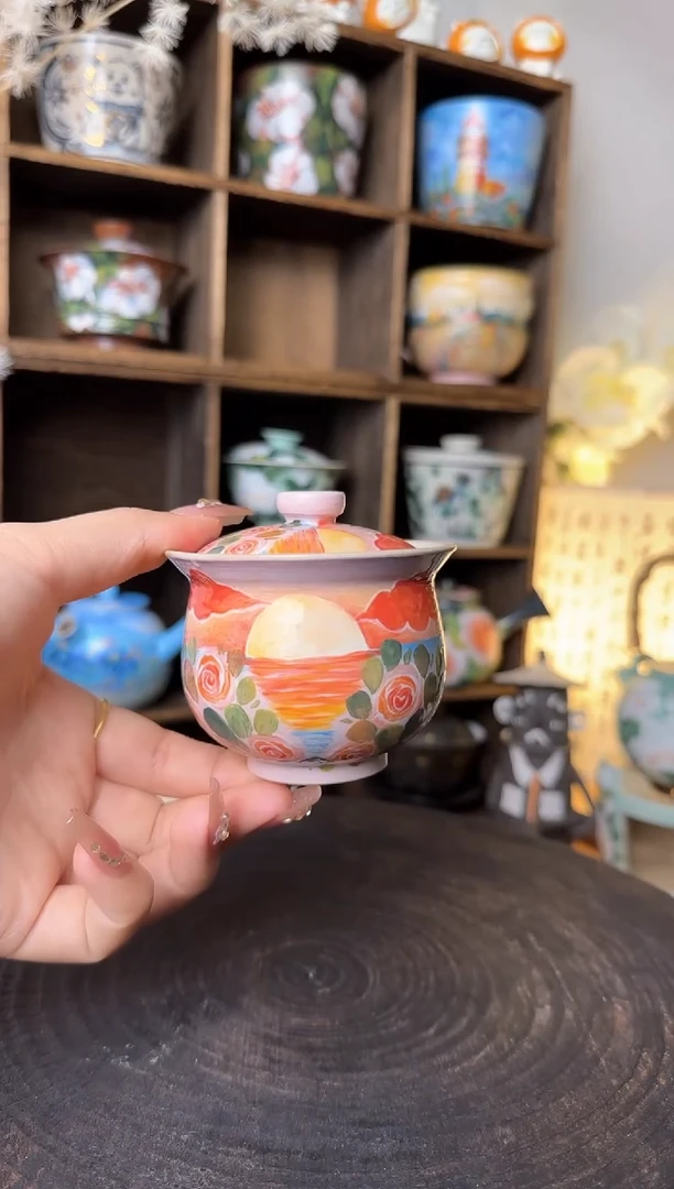 【闪购商品】石一日落玫瑰盖碗