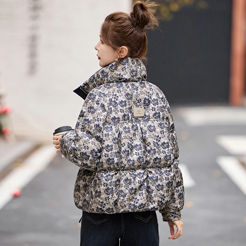 立领短款女保暖羽绒服复古百搭加厚提花上衣休闲冬装韩版洋气