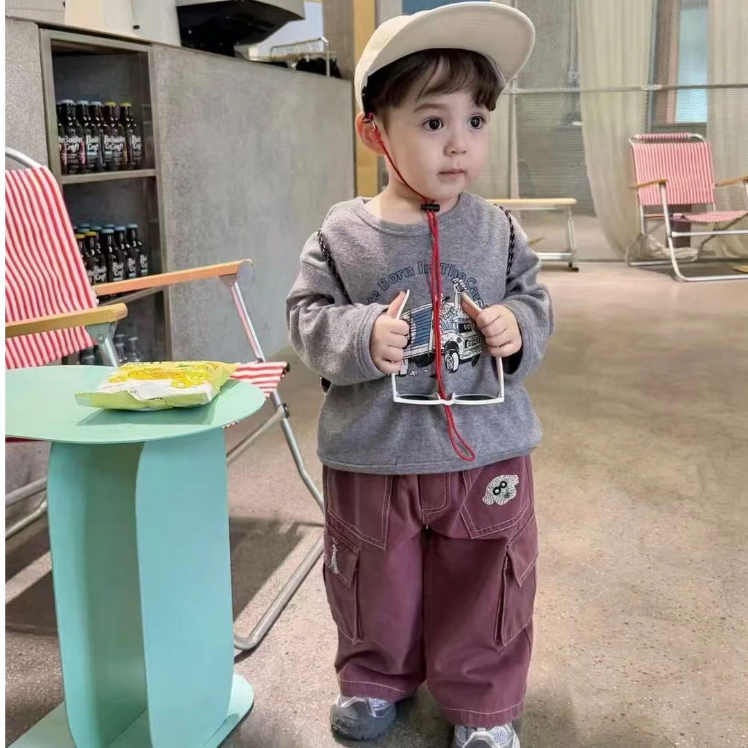 2025秋季新款宝宝长袖T恤灰色圆领卡通打底痞帅炸街爆款儿童韩版