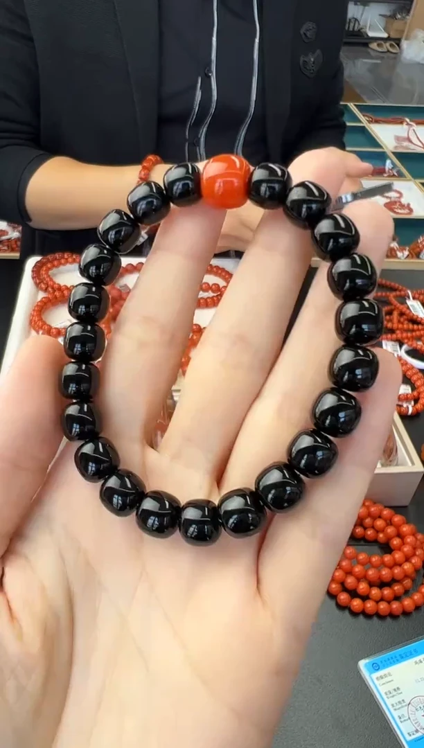 未镶嵌手链南红玛瑙A24黑金配南红顶珠9mm+