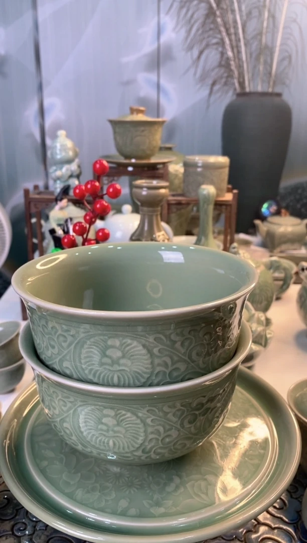 耀州窑微瑕处理菊纹碗【2只】