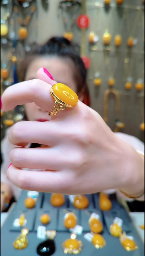 蜜蜡银S925镀金镶嵌戒指﹣E541蜜蜡戒指