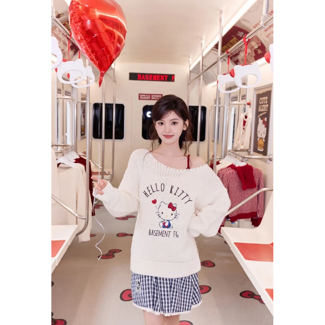 【章若楠同款】猫咪刺绣斜肩毛衣女秋冬上衣22898#