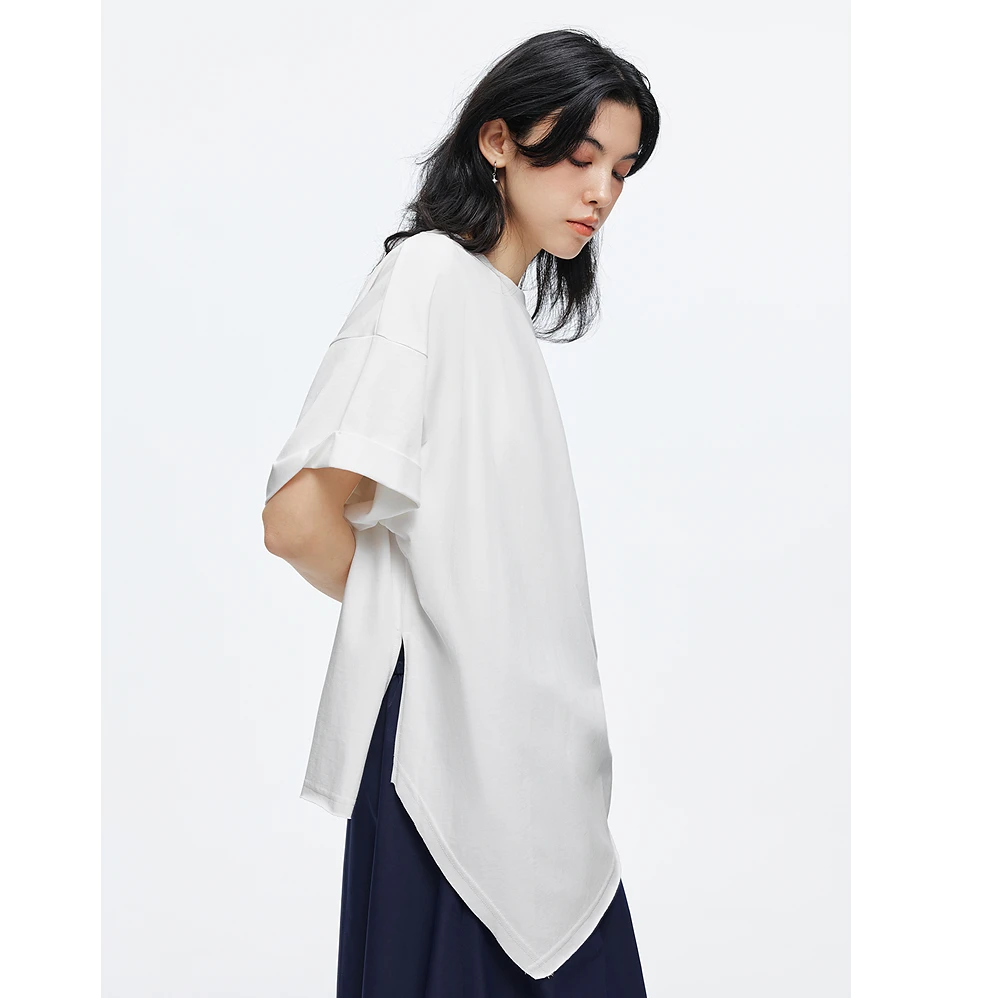 moussy 2025夏季纯色简约不规则下摆时尚圆领T恤028ISA80-3111