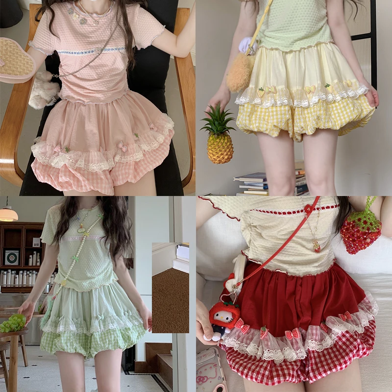 原创草莓格子拼接花苞裤裙宽松显瘦南瓜蓬蓬裤A字泡泡灯笼短裤