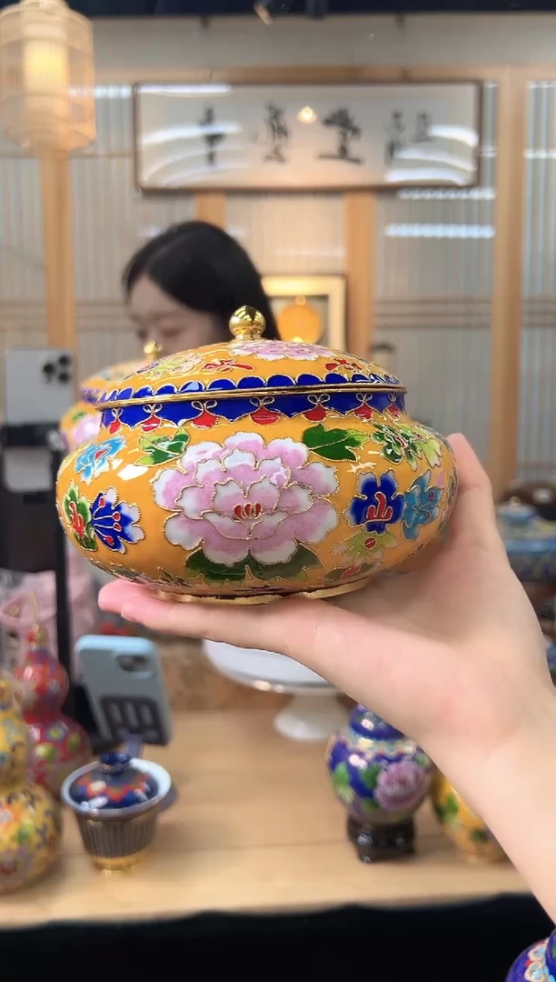 景泰蓝花丝喜子罐6寸XZG002黄色