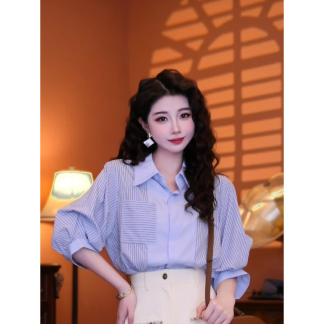 蒋肉肉【蓝天逸夏】港味复古时尚气质短袖上衣01774