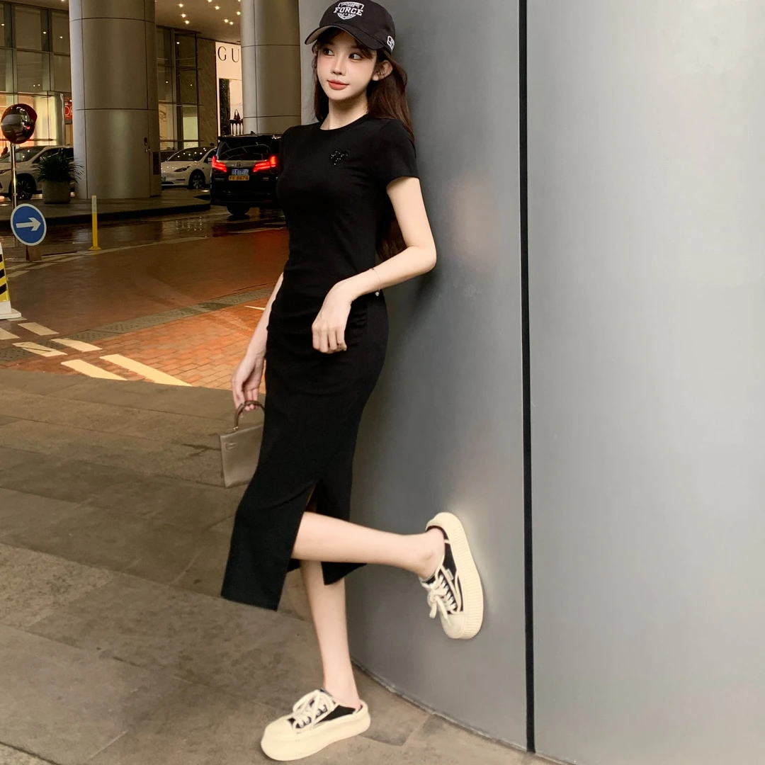 富家千金气质衣服修身显瘦长款开叉气质百搭洋气裙子夏天连衣裙
