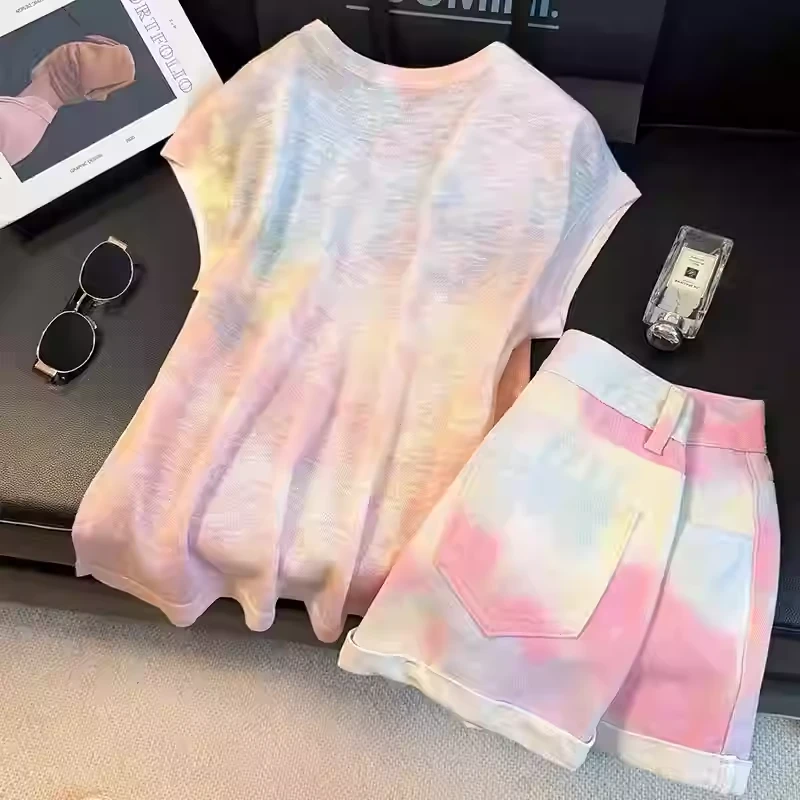 减龄穿搭一整套女2025夏季新款网红短袖T恤牛仔短裤时尚两件套女