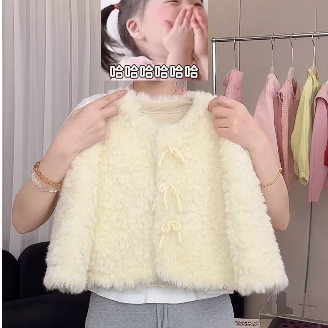 可爱风法式秋冬厚款纯色毛毛外套女童嫩黄色上衣女童