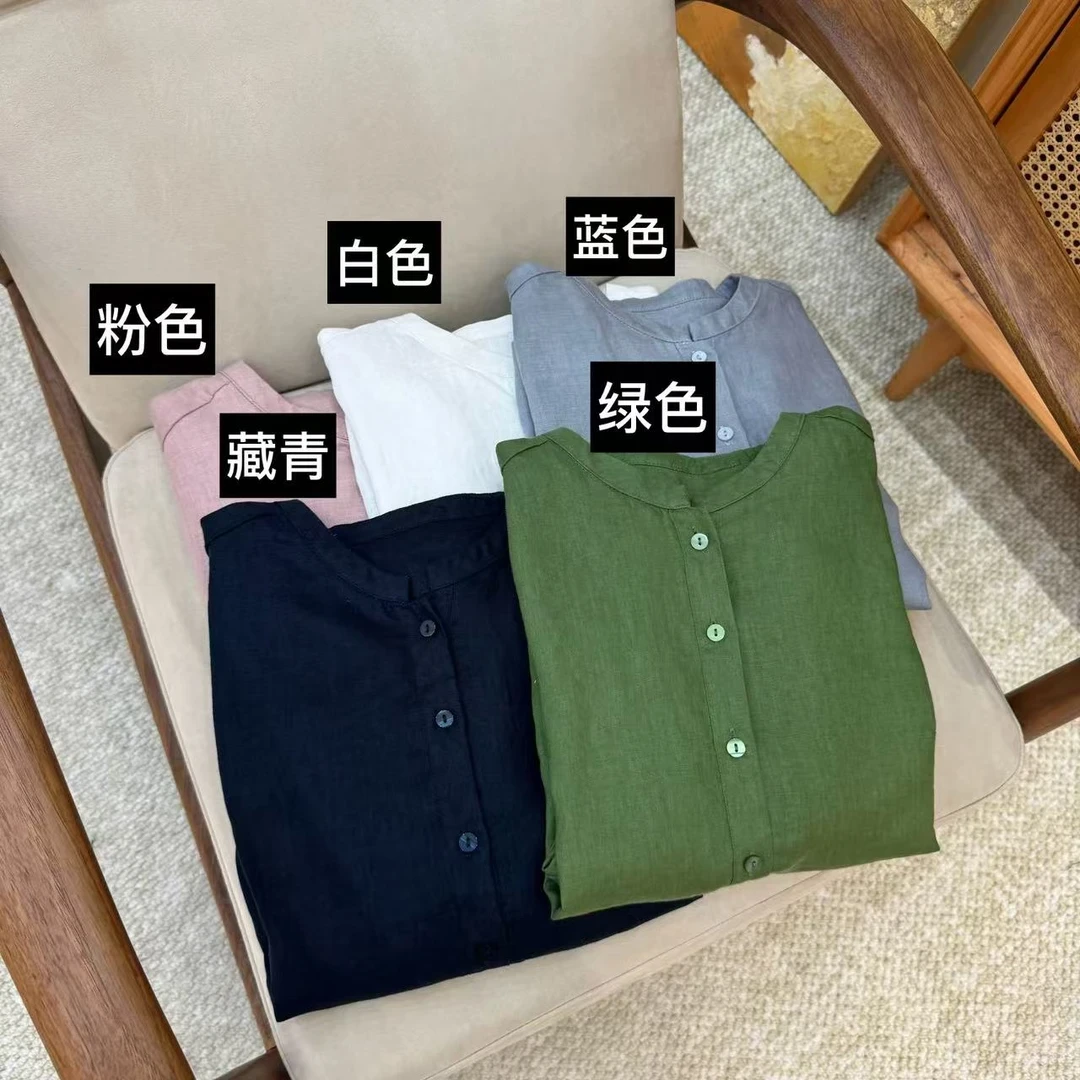 1256棉麻圆领纯色单排扣衬衫夏季新款休闲简约百搭经典女士