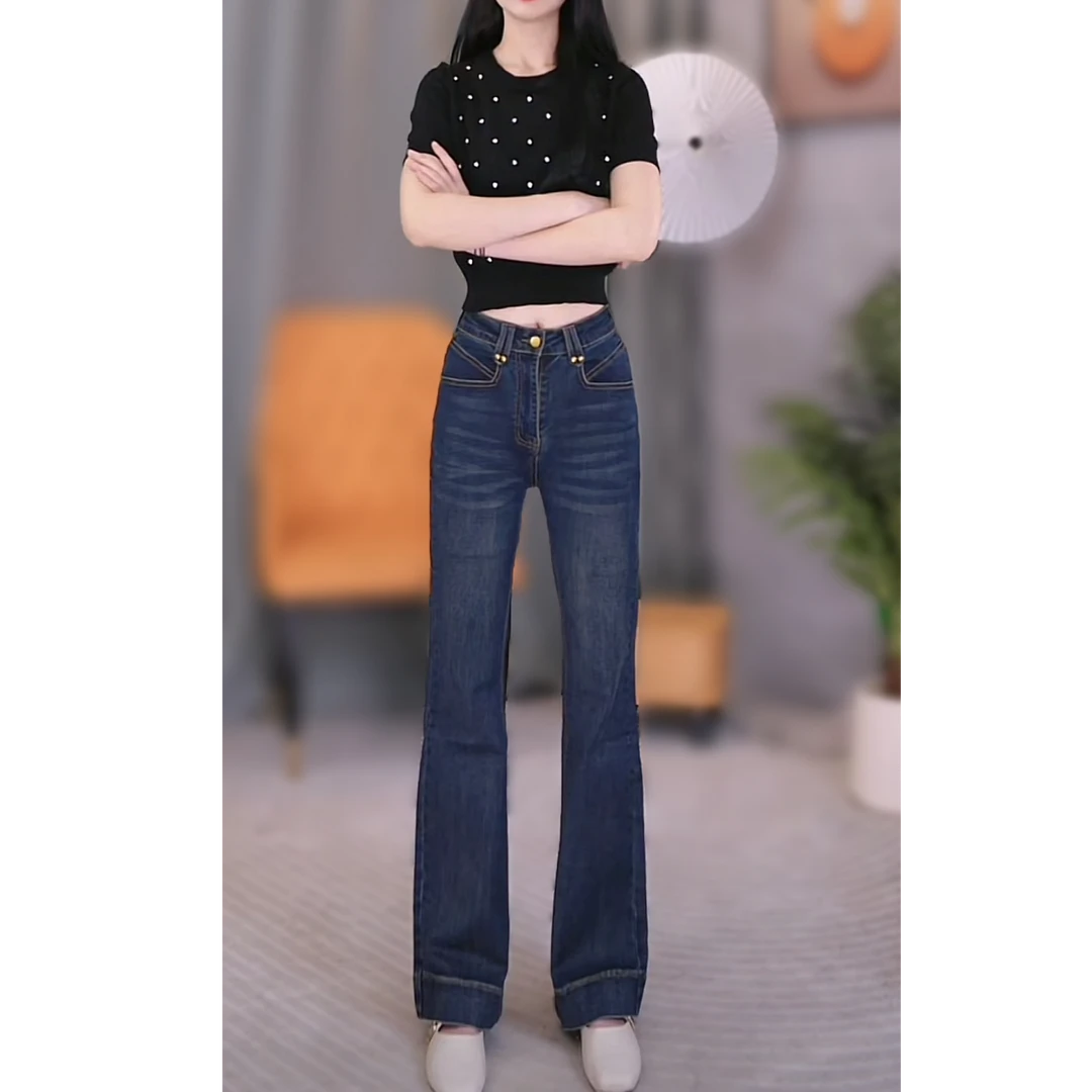 简约风穿搭高腰显瘦弹力裤阔腿微喇裤女时尚宽松直筒喇叭裤新款