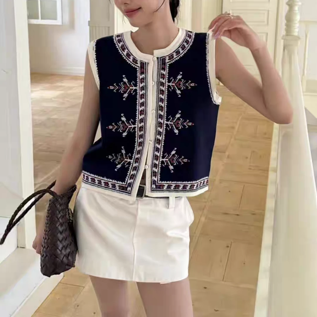 【济州岛】民族风重工刺绣无袖针织背心马甲