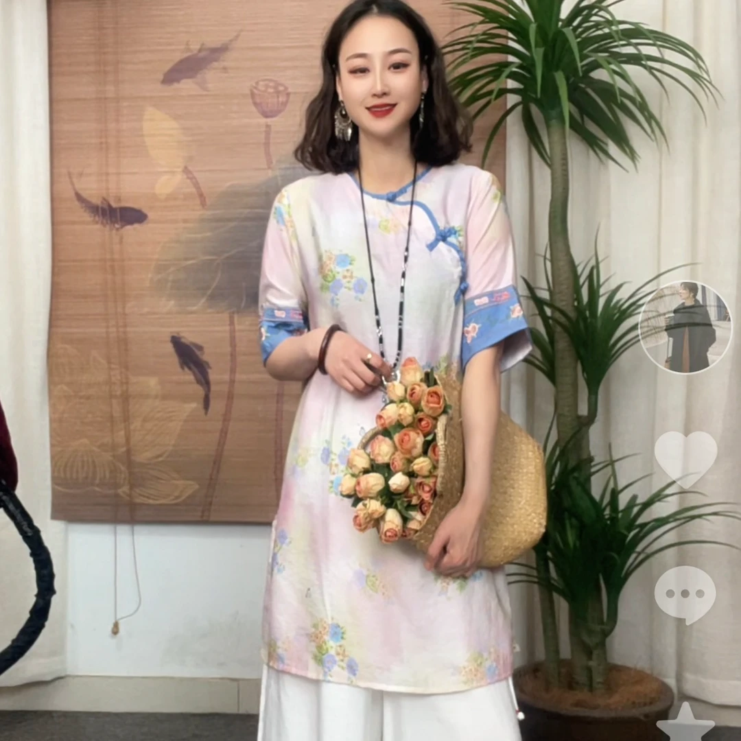 071-3新品宽袖刺绣中长版显瘦拼接新中式百搭气质网红国风小衫